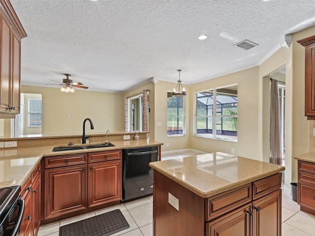 kitchen featuring black appliances, crown molding, sink, ceiling fan, and a textured ceiling