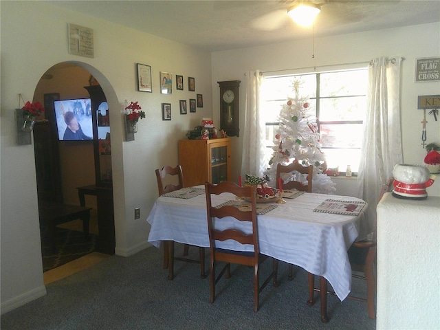 dining area featuring carpet flooring and ceiling fan