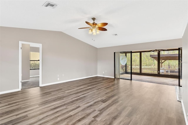 interior space featuring hardwood / wood-style flooring, ceiling fan, and lofted ceiling