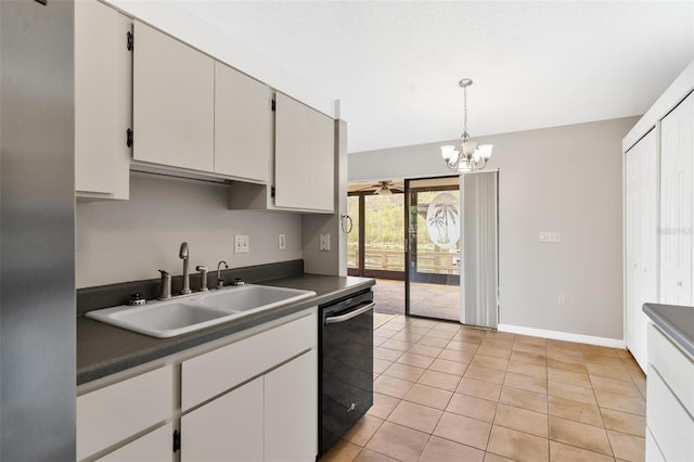 kitchen featuring ceiling fan with notable chandelier, sink, white cabinets, black dishwasher, and light tile patterned flooring