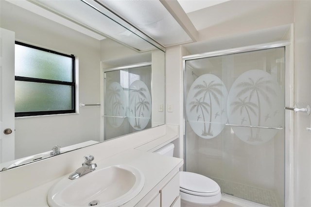 bathroom featuring toilet, vanity, and walk in shower