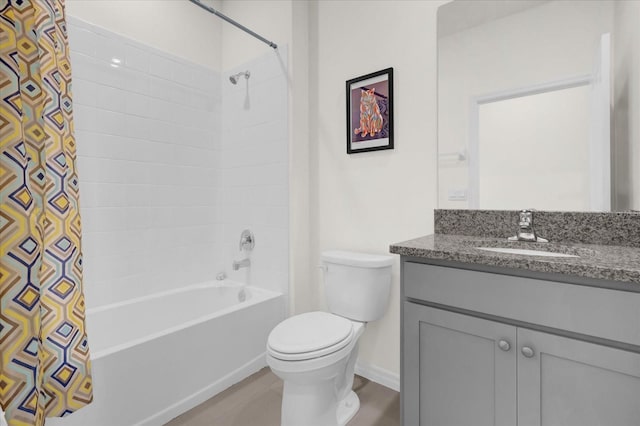 full bathroom with vanity, toilet, and shower / bathtub combination with curtain