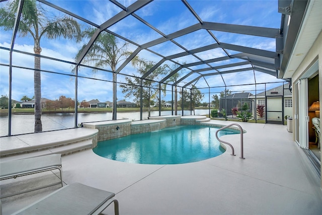 view of swimming pool with a lanai, a water view, and a patio