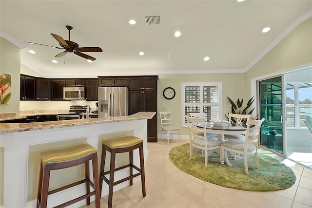 kitchen with light stone countertops, a kitchen breakfast bar, stainless steel appliances, and plenty of natural light