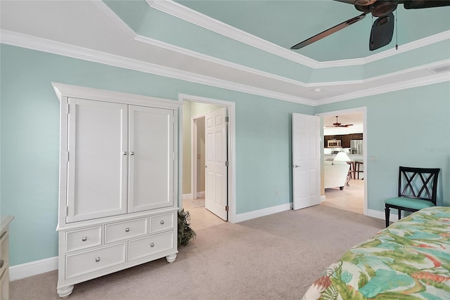 carpeted bedroom featuring stainless steel fridge with ice dispenser, ceiling fan, a raised ceiling, and ornamental molding