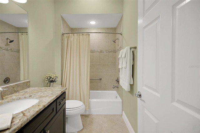 full bathroom with tile patterned flooring, shower / bath combo, vanity, and toilet