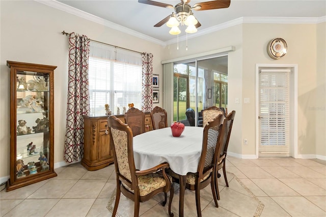 dining area featuring light tile patterned floors, ceiling fan, and ornamental molding