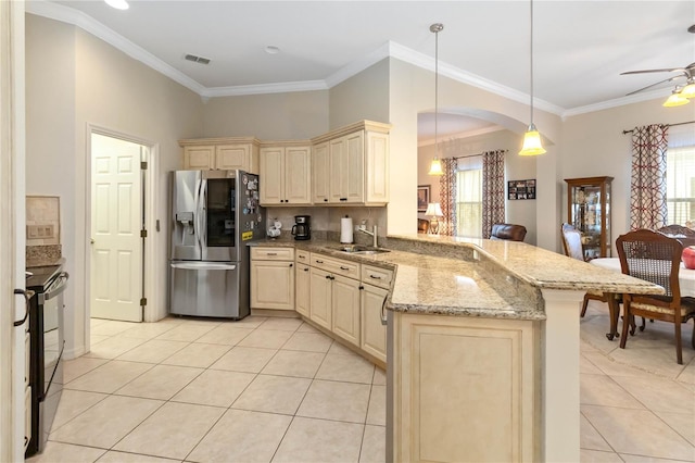 kitchen featuring kitchen peninsula, stainless steel refrigerator with ice dispenser, ornamental molding, sink, and pendant lighting