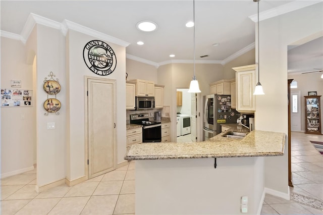 kitchen with ceiling fan, kitchen peninsula, crown molding, decorative light fixtures, and appliances with stainless steel finishes