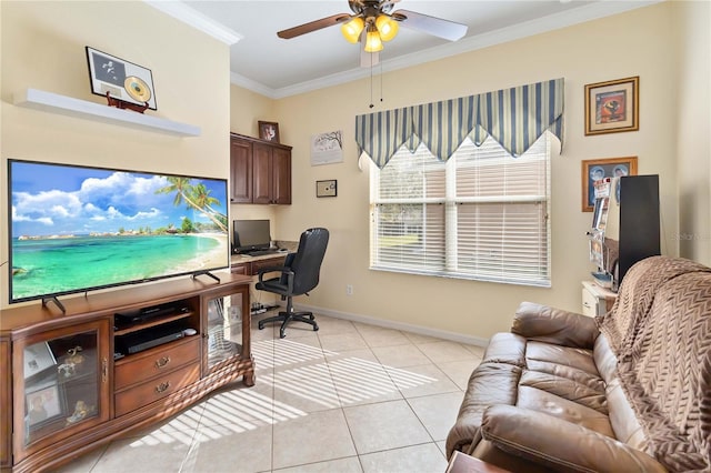 tiled office space featuring ceiling fan and ornamental molding