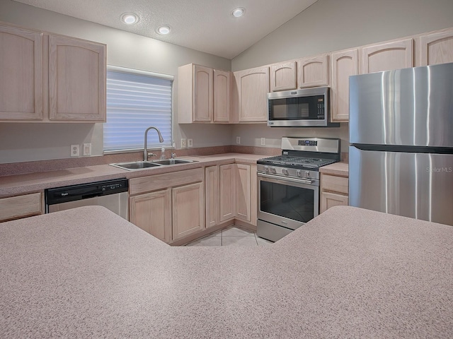 kitchen featuring light colored carpet, sink, appliances with stainless steel finishes, and vaulted ceiling