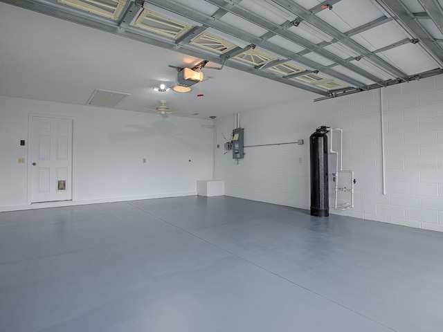 garage featuring electric panel, ceiling fan, and a garage door opener