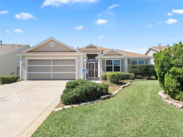 ranch-style house with a garage and a front lawn