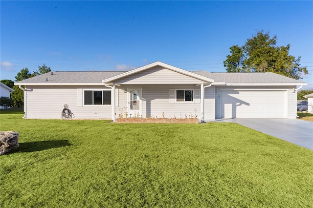 single story home featuring a garage and a front lawn