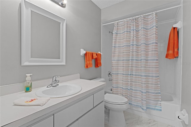 full bathroom with vanity, shower / bathtub combination with curtain, a textured ceiling, and toilet