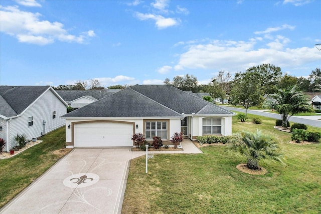 ranch-style home with a front yard and a garage