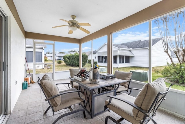 sunroom / solarium featuring ceiling fan and a healthy amount of sunlight