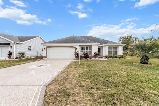 ranch-style house with a garage and a front lawn