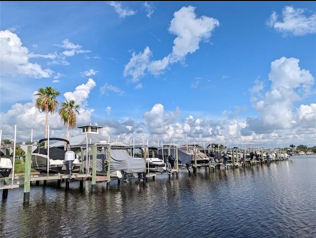 view of dock featuring a water view and boat lift