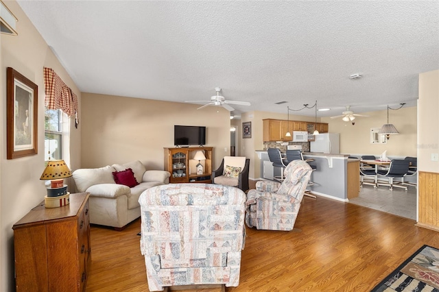 living room with a textured ceiling and light wood-type flooring