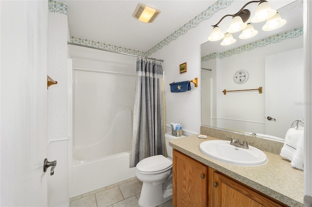 full bathroom featuring toilet, a textured ceiling, tile patterned floors, shower / tub combo, and vanity