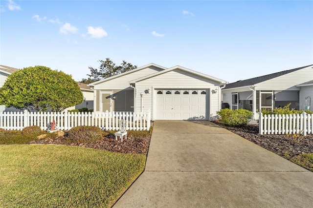 single story home featuring a front yard and a garage