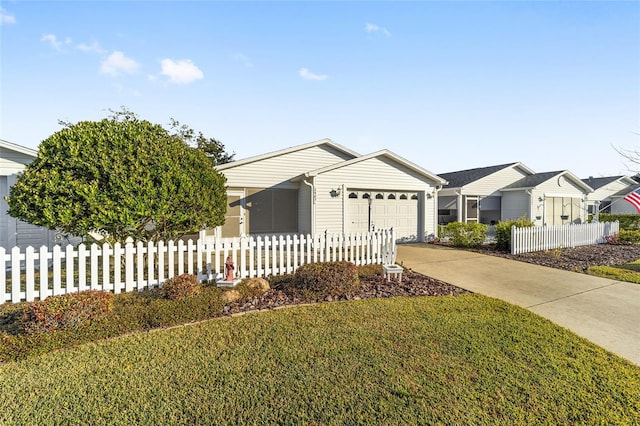 ranch-style house featuring a front lawn and a garage