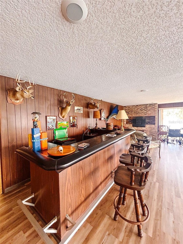 bar with hardwood / wood-style floors and wooden walls