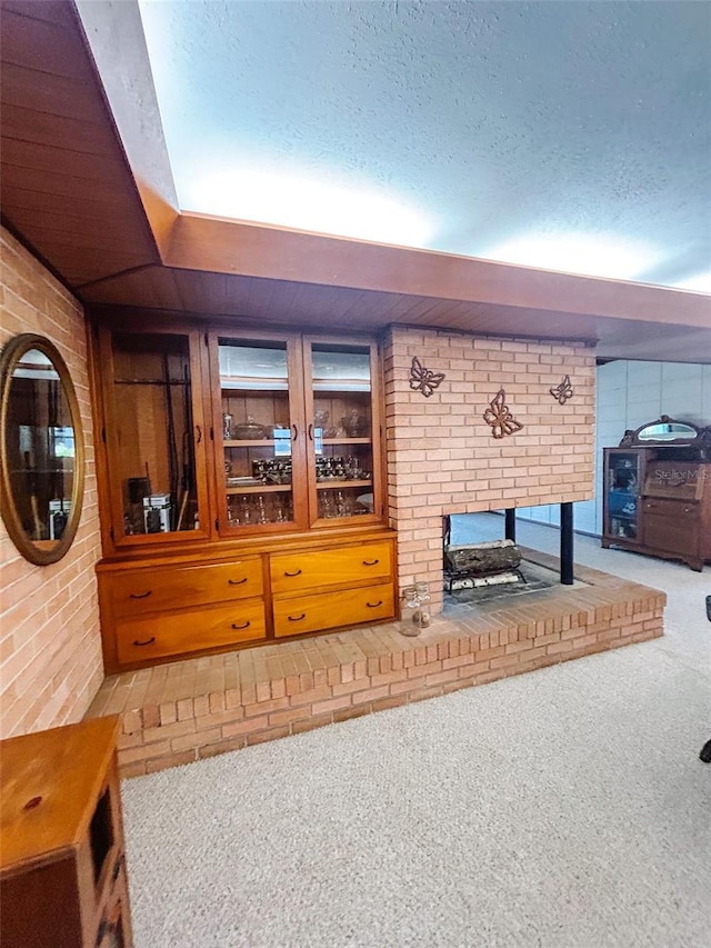 interior details featuring carpet flooring and a textured ceiling