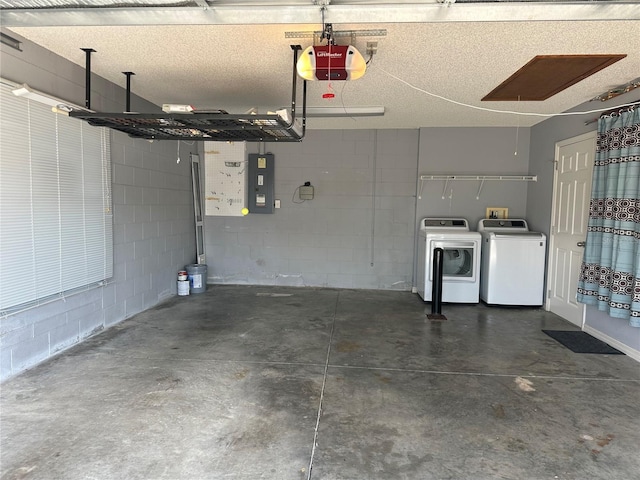 17159 SE 78th Crowfield Ave, The Villages, FL 32162 - garage with electric panel, a garage door opener, washer and dryer, and concrete block wall