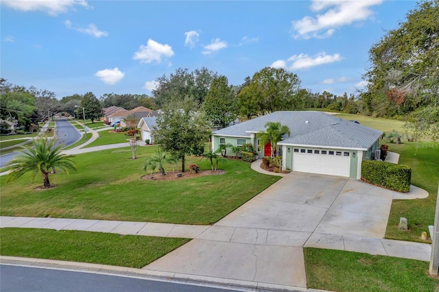 ranch-style home with a front lawn and a garage