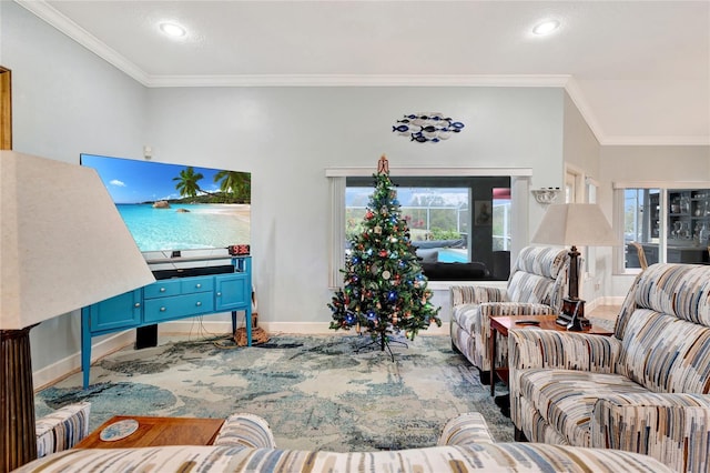 living room featuring crown molding