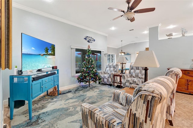 living room with crown molding, ceiling fan, and vaulted ceiling