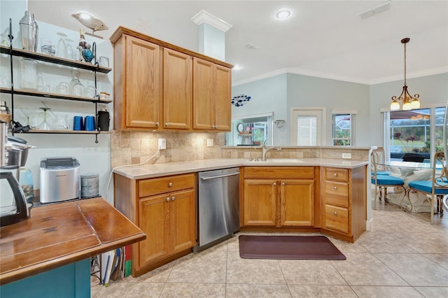 kitchen featuring sink, dishwasher, backsplash, hanging light fixtures, and kitchen peninsula