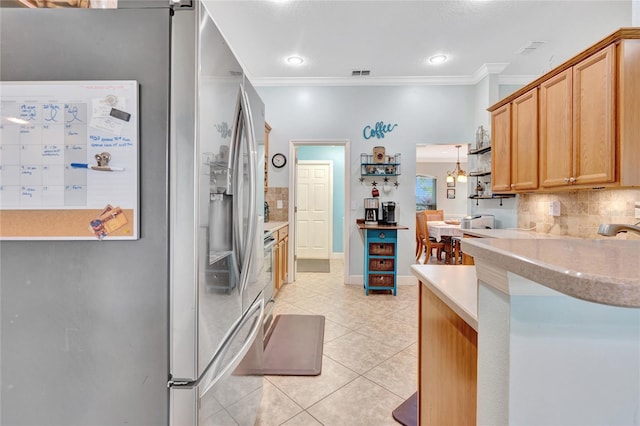 kitchen featuring light tile patterned floors, sink, backsplash, stainless steel refrigerator with ice dispenser, and ornamental molding