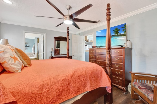 bedroom featuring ornamental molding, dark wood-type flooring, connected bathroom, and ceiling fan