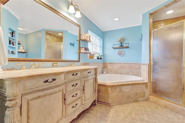 bathroom featuring ornamental molding, shower with separate bathtub, tile patterned flooring, and vanity