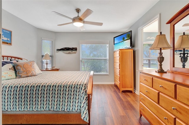 bedroom with multiple windows, hardwood / wood-style flooring, and ceiling fan