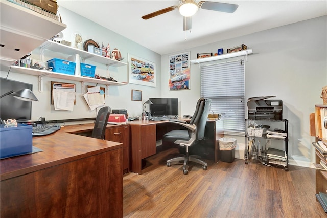 office area with ceiling fan and hardwood / wood-style floors