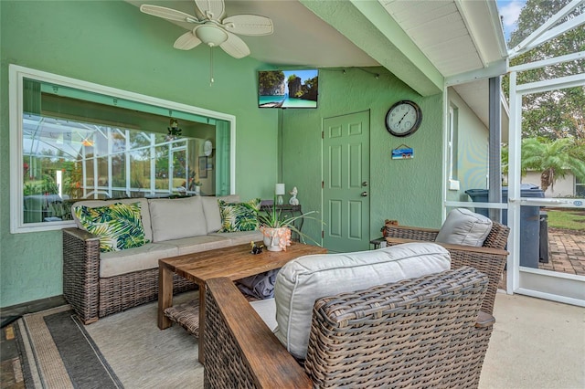 sunroom / solarium with vaulted ceiling with beams and ceiling fan