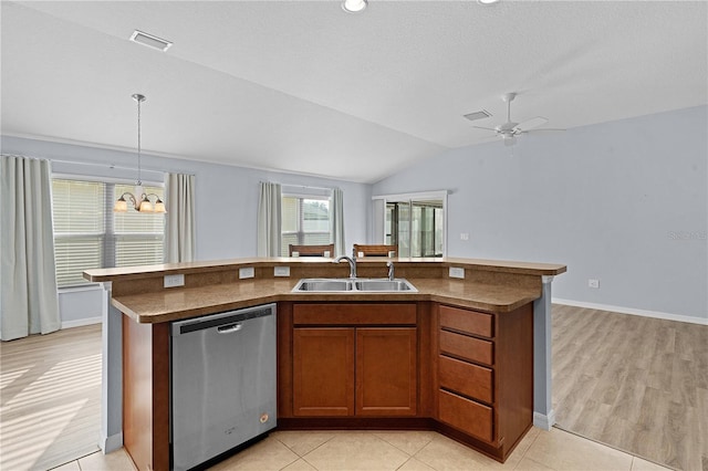 kitchen with a kitchen island with sink, dishwasher, decorative light fixtures, and sink