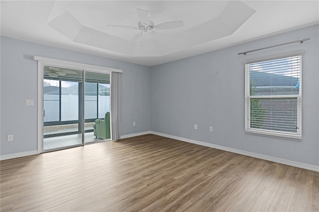 spare room with a healthy amount of sunlight, light hardwood / wood-style flooring, and a tray ceiling