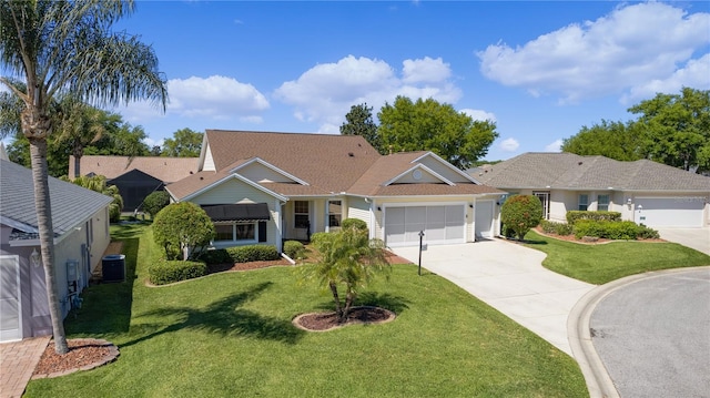 single story home featuring a garage, central AC, and a front yard