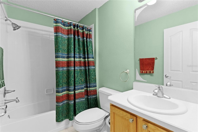 full bathroom featuring vanity, shower / tub combo, toilet, and a textured ceiling