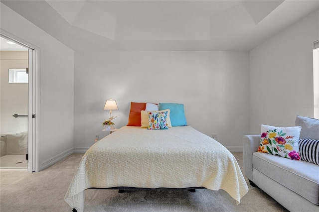 carpeted bedroom with a raised ceiling