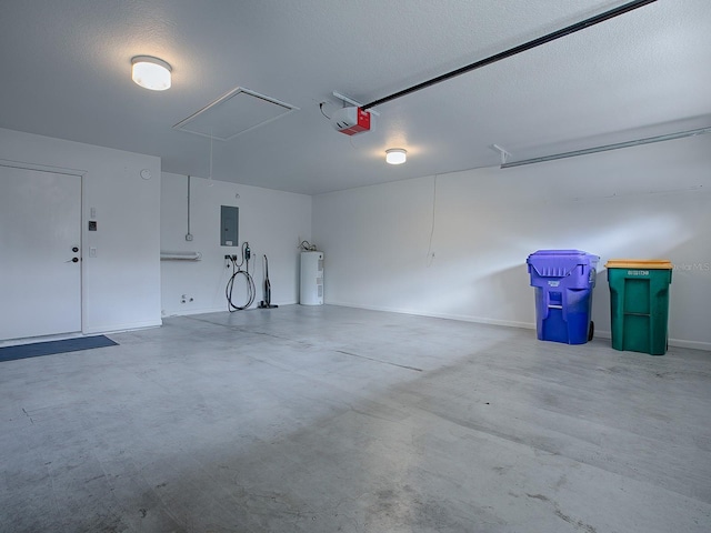 garage with electric panel, electric water heater, and a garage door opener