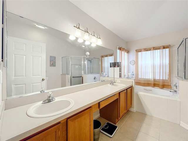 bathroom with vanity, separate shower and tub, and tile patterned floors