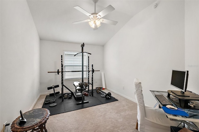 exercise area with ceiling fan, carpet, and lofted ceiling