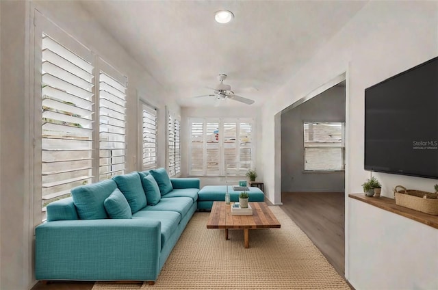 living room with ceiling fan and hardwood / wood-style flooring