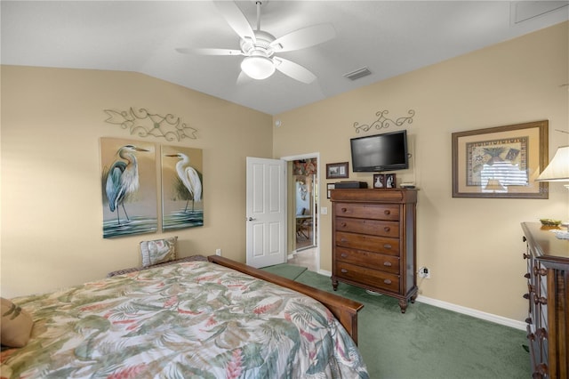 bedroom with carpet, ceiling fan, and lofted ceiling